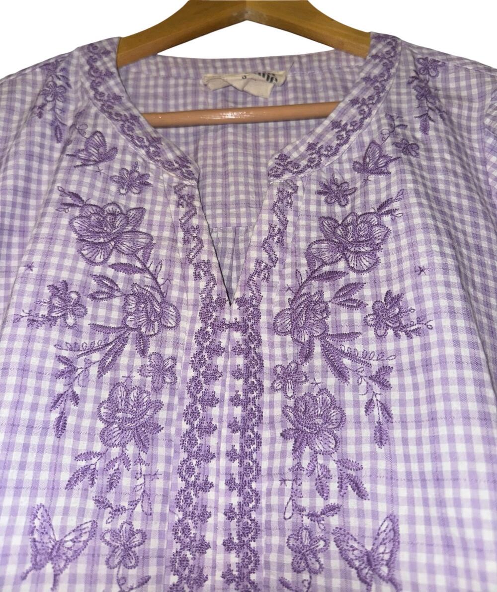 Savana Jane Embroidered Gingham Top Women's Small Cottage Boho Feminine ~Flaw